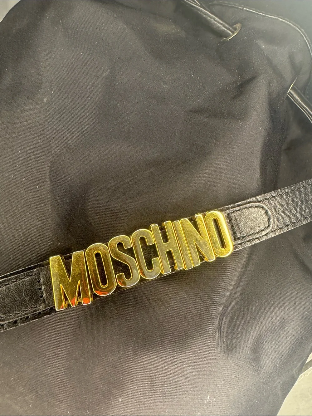 Moschino Black Drawstring Backpack with Gold Logo Patch 14x13x6